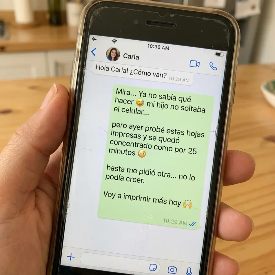 Mensaje de WhatsApp de una mamá contando los resultados de NeuroKids